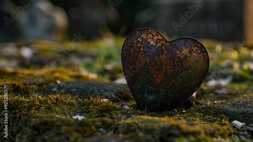 Close up of a metal love on moss in an old dig grave with an interment backdrop