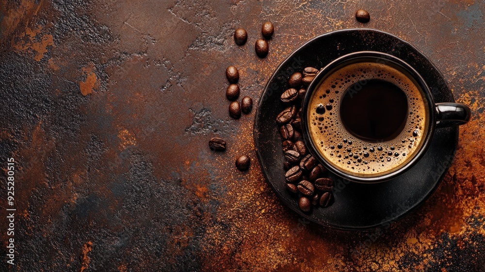 Black Coffee in a Cup with Coffee Beans on a Rustic Background Black Coffee in a Cup with Coffee Beans on a Rustic Background