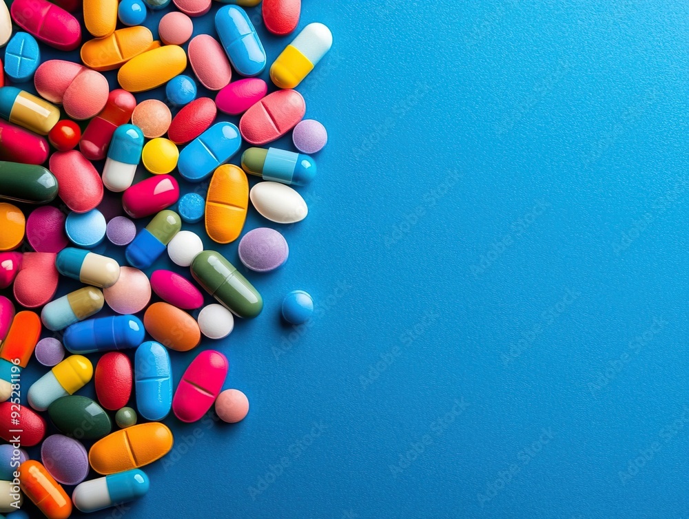 A vibrant collection of colorful pills scattered on a blue background, perfect for healthcare or pharmaceutical themes. A vibrant collection of colorful pills scattered on a blue background, perfect for healthcare or pharmaceutical themes.