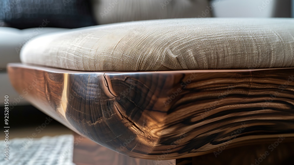 Close up of the ottoman with live edged hardwood detail Close up of the ottoman with live edged hardwood detail
