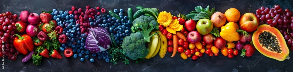A vibrant display of assorted fruits and vegetables arranged in a rainbow gradient A vibrant display of assorted fruits and vegetables arranged in a rainbow gradient