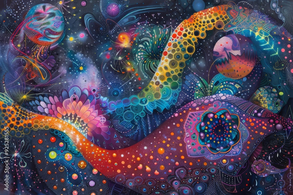 A vibrant fish swims amidst a flurry of bubbles in a colorful underwater scene, Organic shapes intertwining in a cosmic dance A vibrant fish swims amidst a flurry of bubbles in a colorful underwater scene, Organic shapes intertwining in a cosmic dance