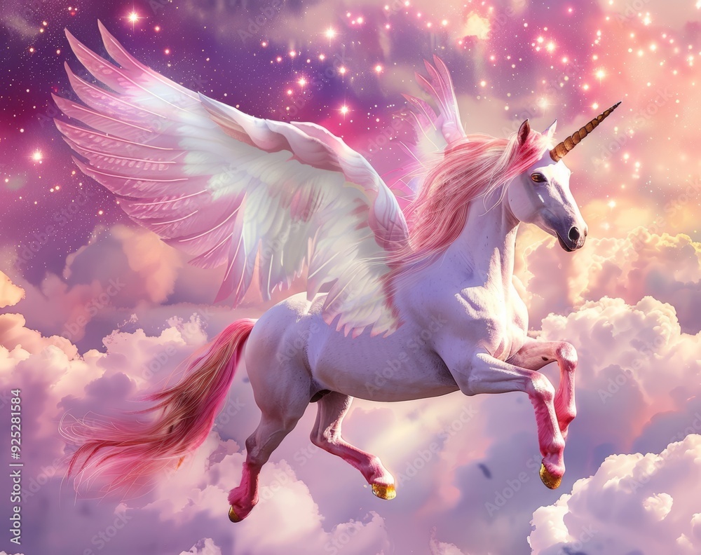A majestic winged unicorn soars through a cloud-filled, starry sky A majestic winged unicorn soars through a cloud-filled, starry sky
