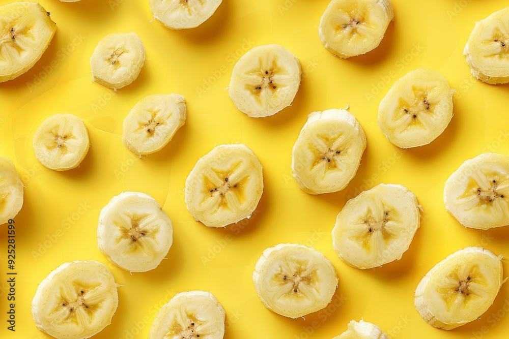 Sliced banana on a yellow background creating a bright vibrant pattern. Seamless Pattern. AI generated images. Sliced banana on a yellow background creating a bright vibrant pattern. Seamless Pattern. AI generated images.