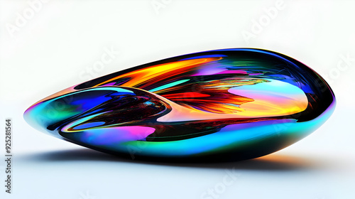 A colorful, abstract, smooth sculpture reflecting vibrant hues and intricate patterns.