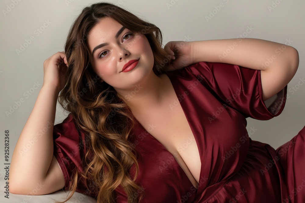 Burgundy Nightgown Plus-Size Fashion Model Pose. Concept about lifestyle and body positivity Burgundy Nightgown Plus-Size Fashion Model Pose. Concept about lifestyle and body positivity