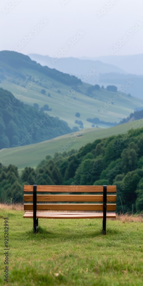 Scenic wooden bench overlooking a tranquil valley with lush green hills and trees in the background, perfect for nature lovers. Scenic wooden bench overlooking a tranquil valley with lush green hills and trees in the background, perfect for nature lovers.