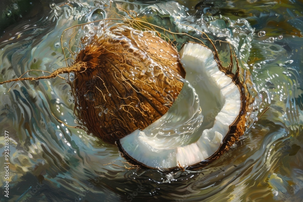 Painting depicting a coconut floating in the water, Paint a picture of a coconut peacefully adrift in a sea of shimmering coconut water Painting depicting a coconut floating in the water, Paint a picture of a coconut peacefully adrift in a sea of shimmering coconut water