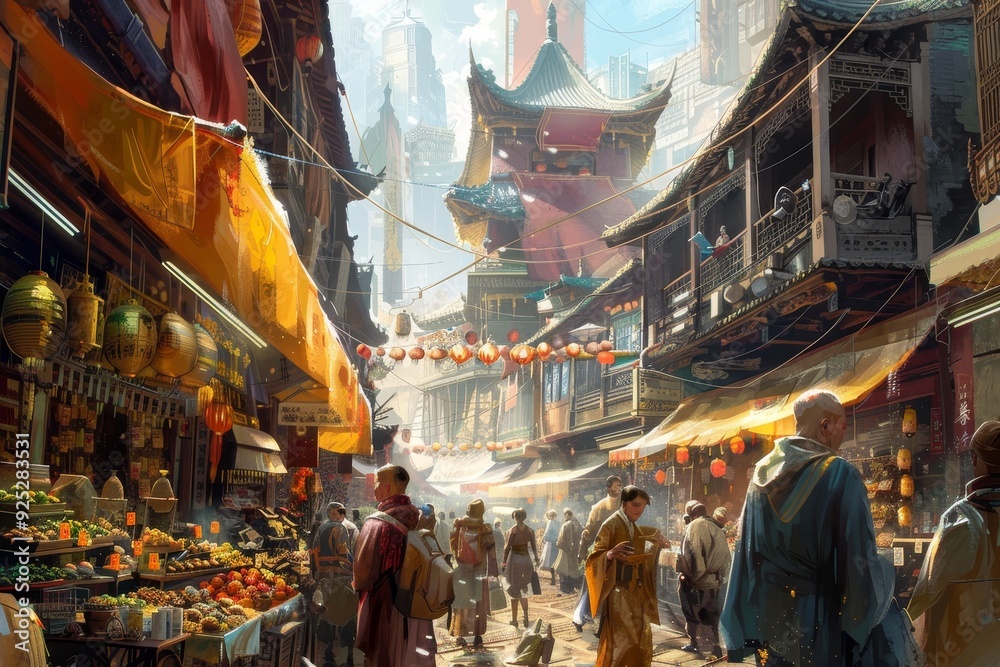 A group of individuals walking down a city street lined with towering buildings, Paint a scene of people trading virtual currencies in a bustling marketplace