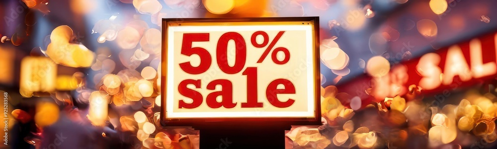 50% SALE sign against blurred cityscape with bokeh lights. Black Friday and Cyber Monday concept. Copy space template web site banner 50% SALE sign against blurred cityscape with bokeh lights. Black Friday and Cyber Monday concept. Copy space template web site banner