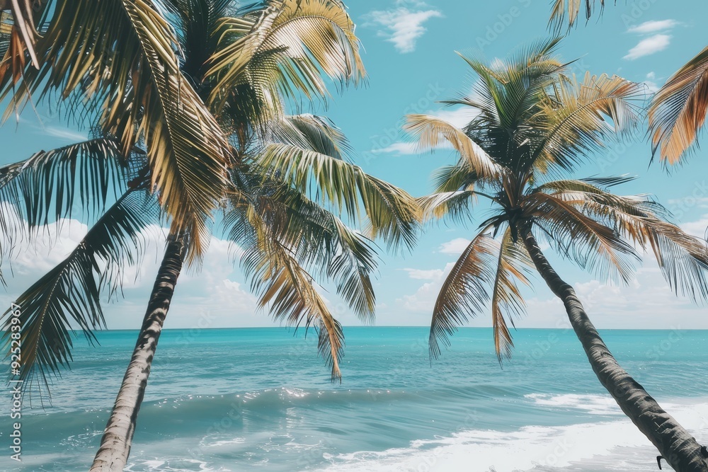 Palm trees stand tall on sandy beach with ocean waves in background, Palm trees swaying in the ocean breeze Palm trees stand tall on sandy beach with ocean waves in background, Palm trees swaying in the ocean breeze