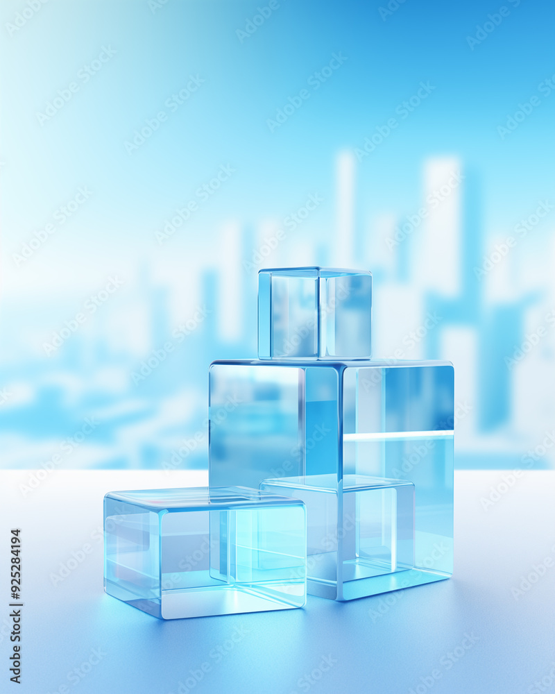 3D illustration of a crystal podium and the city skyline with modern buildings standing tall in the sky. It showcases a mix of urban architecture, finance and growth themes in a blue design. 3D illustration of a crystal podium and the city skyline with modern buildings standing tall in the sky. It showcases a mix of urban architecture, finance and growth themes in a blue design.