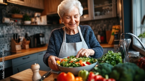 The elderly woman making salad