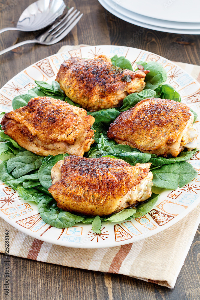 Buttered Garlic Chicken Thighs on a bed of spinach