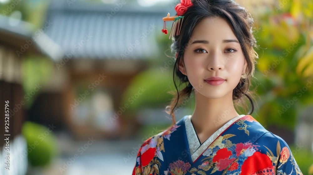 A Japanese woman in traditional attire wearing a vibrant kimono, standing outdoors, representing cultural elegance and heritage. A Japanese woman in traditional attire wearing a vibrant kimono, standing outdoors, representing cultural elegance and heritage.