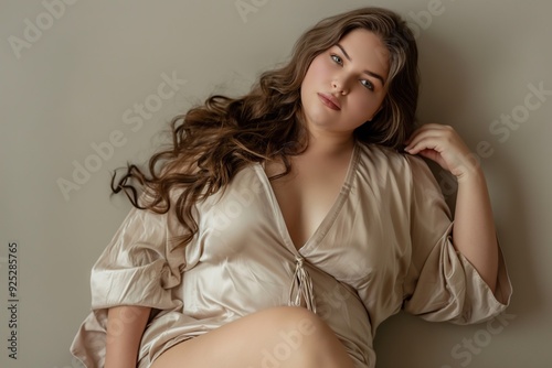 Plus-size beauty in beige sleepwear, studio sensual pose. Concept about lifestyle and body positivity