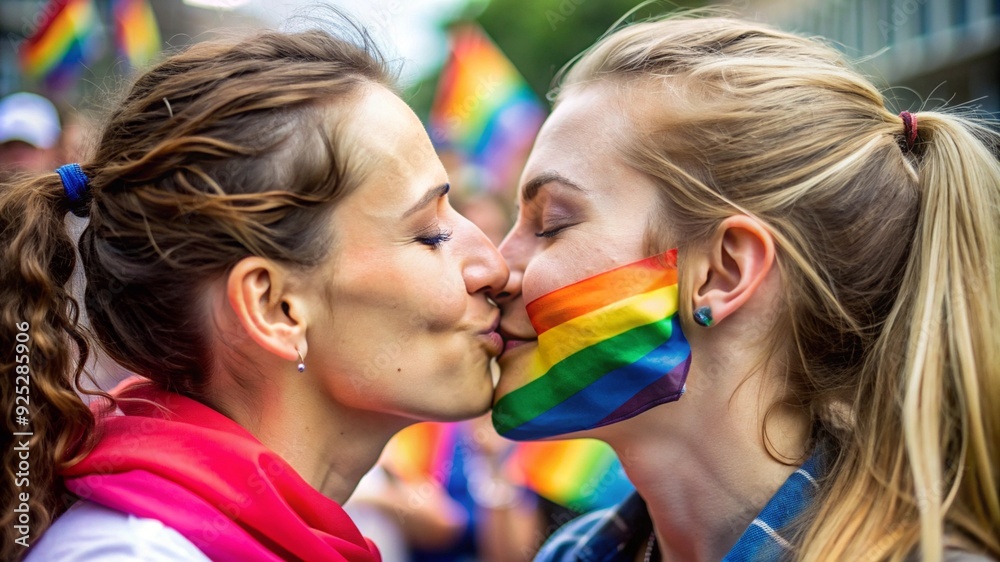 Close-up of proud lesbians kissing in a pride crowd Close-up of proud lesbians kissing in a pride crowd