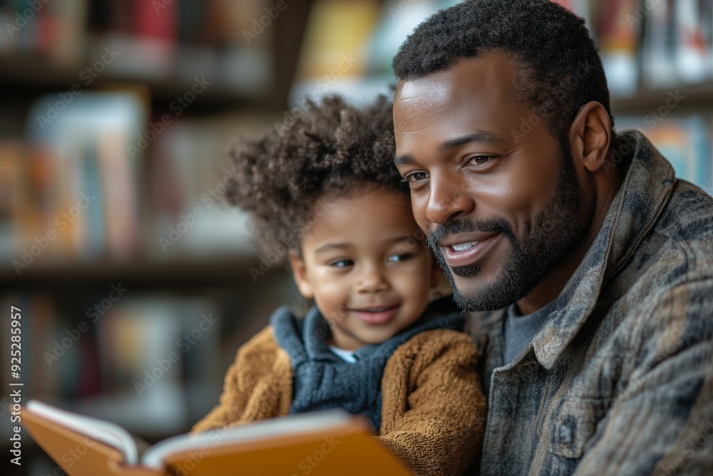 Father and son enjoying storytime together in a cozy library environment Father and son enjoying storytime together in a cozy library environment