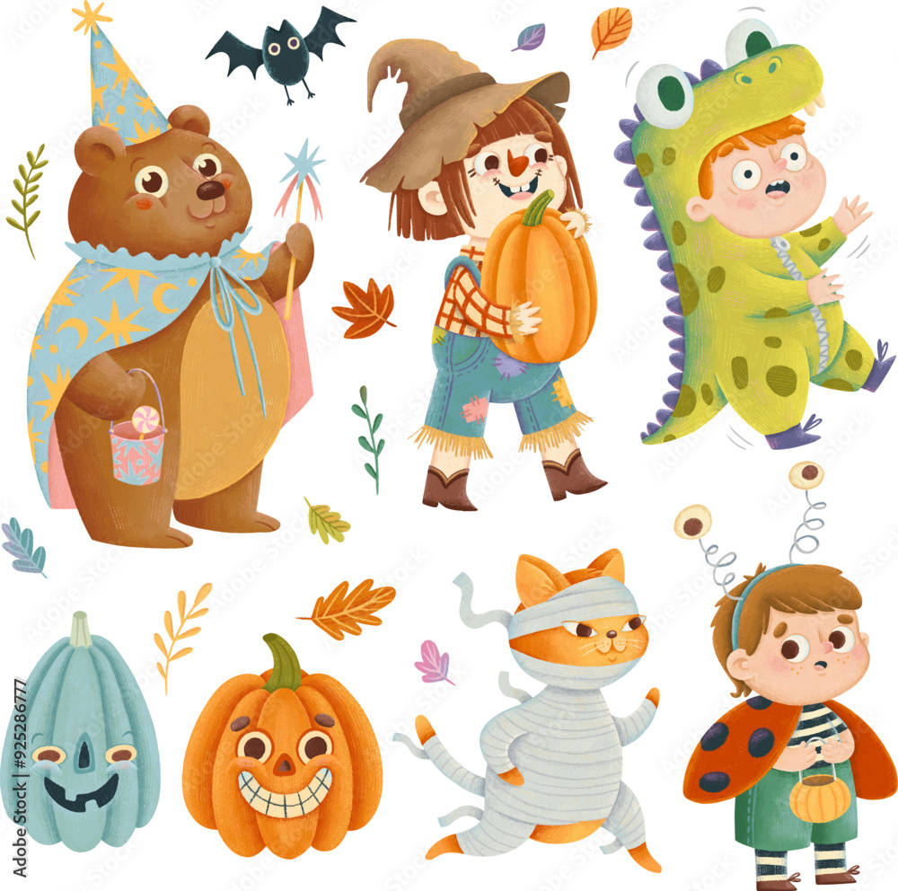 Naklejka premium Halloween isolated elements bear wizard, girl scarecrow, boy dinosaur, mummy cat, scared boy bug, colorful autumn leaves