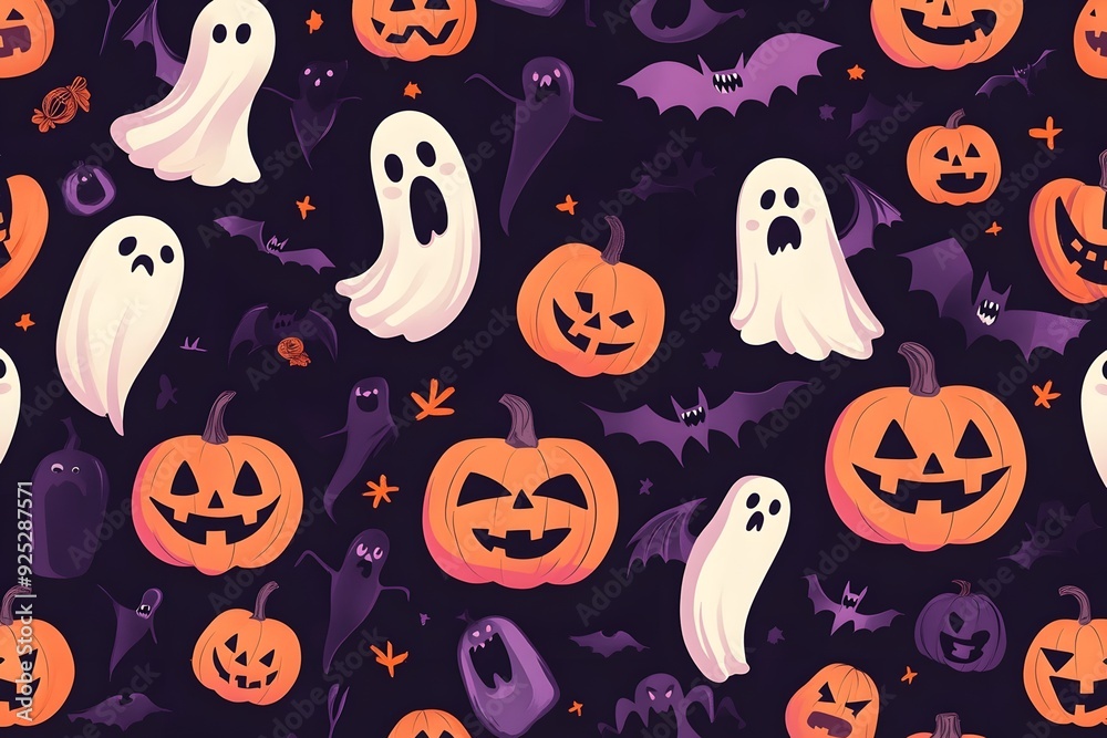 Halloween seamless pattern in cute cartoon style with characters such as jack o lanterns, ghosts, zombies, vampires and bats