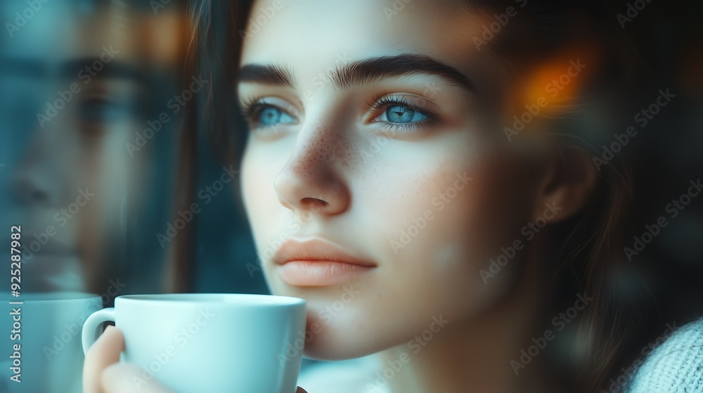 Thoughtful Woman with Coffee Cup Looking Out Window, Contemplation Thoughtful Woman with Coffee Cup Looking Out Window, Contemplation
