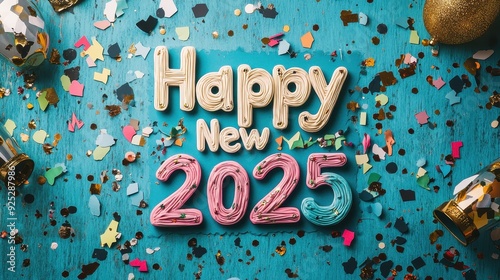 Festive new year 2025 greeting card with confetti on bright blue background for celebration or party decor