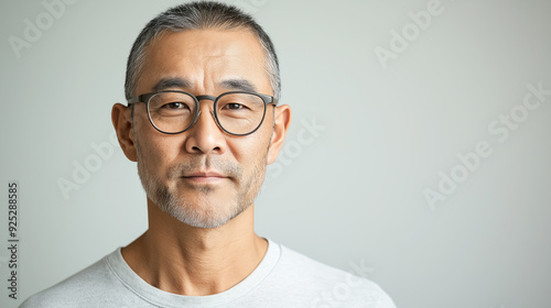 Mature Asian Man with Glasses Portrait on Neutral Background