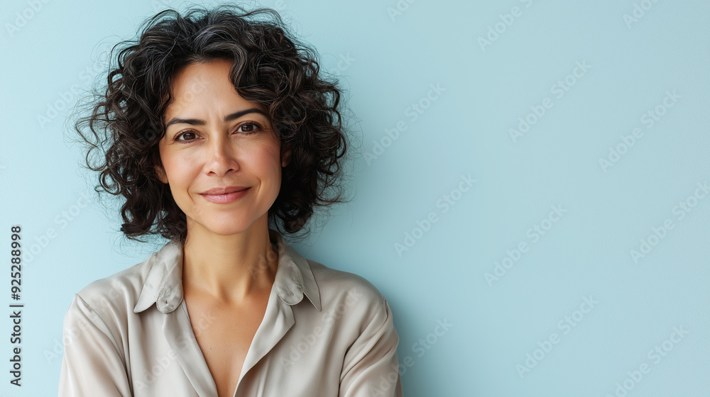 Confident Professional Woman Posing Against Blue Background in Business Casual Confident Professional Woman Posing Against Blue Background in Business Casual