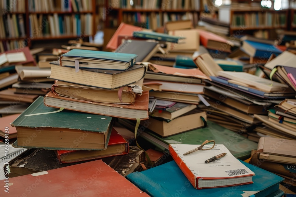 A pile of books neatly arranged on top of a wooden table, Piles of textbooks and notebooks scattered on desks A pile of books neatly arranged on top of a wooden table, Piles of textbooks and notebooks scattered on desks