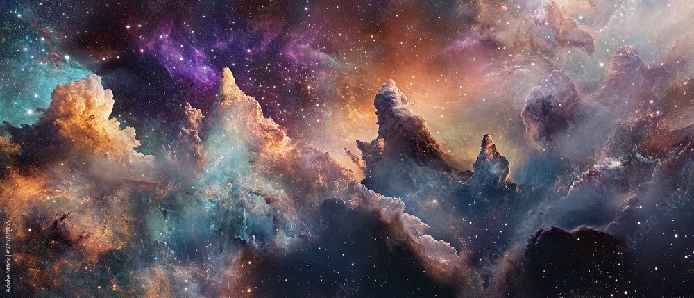 Fototapeta premium Abstract collage of ethereal sky and galaxy scenes featuring nebulae and stardust evoking a cosmic journey through space