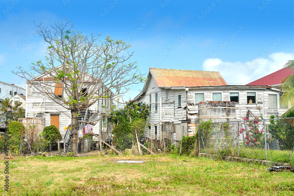 View of wooden houses of Belize city in Belize