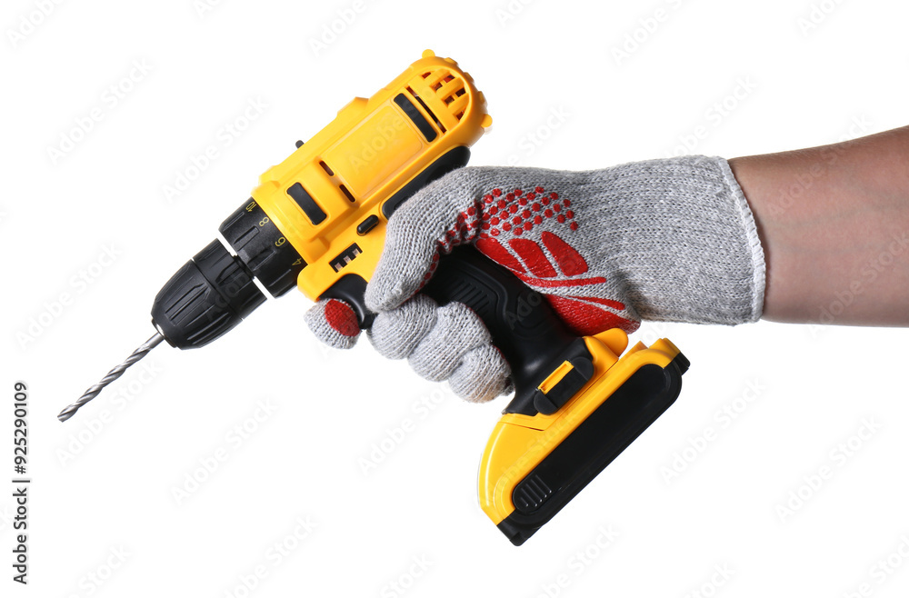 Man with cordless electric drill on white background Man with cordless electric drill on white background