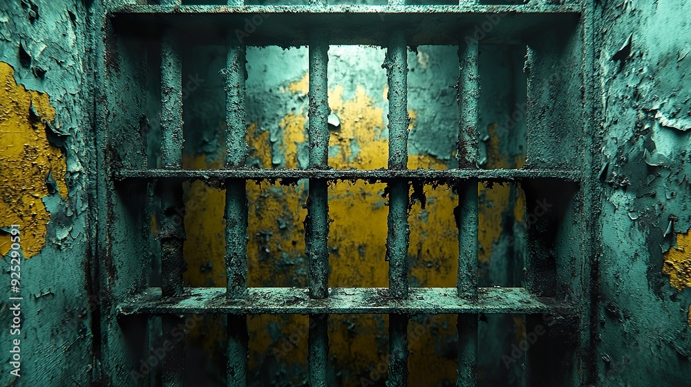 Grimy, neglected jail bars with peeling paint and grime Grimy, neglected jail bars with peeling paint and grime