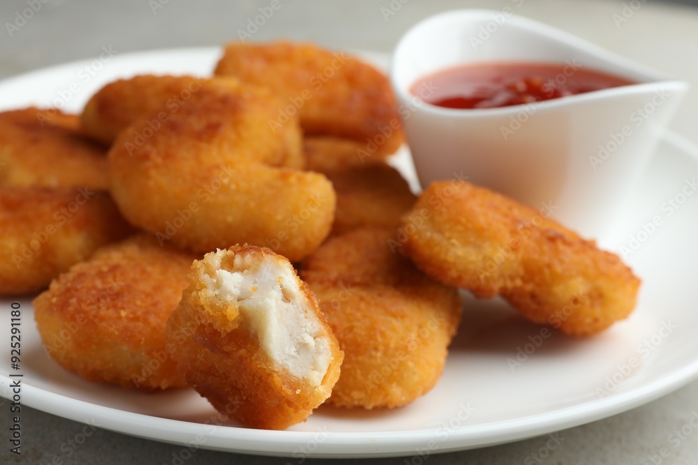 Tasty chicken nuggets with chili sauce on grey table, closeup Tasty chicken nuggets with chili sauce on grey table, closeup
