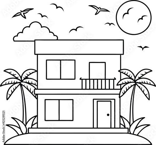 house and tree line art illustration blacka and white photo