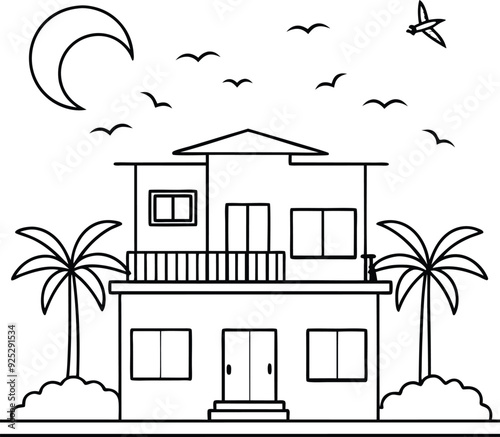 house and tree line art illustration blacka and white photo