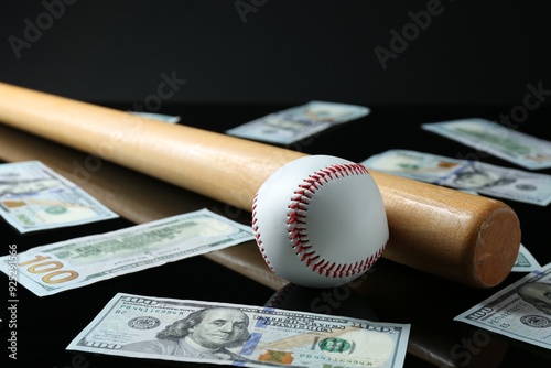 Baseball ball, bat and dollar banknotes on black background photo