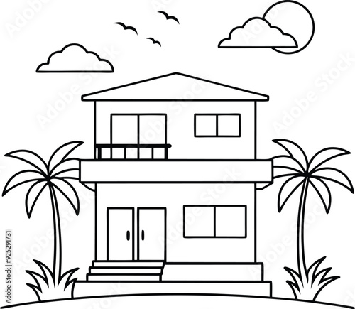 house and tree line art illustration blacka and white photo