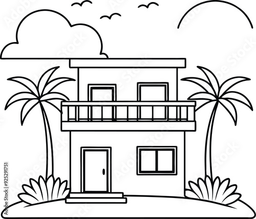 house and tree line art illustration blacka and white photo