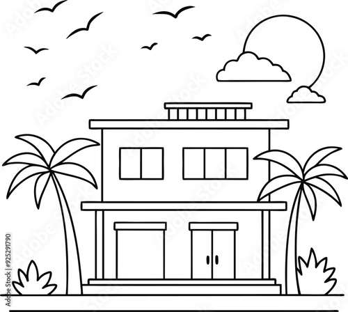 house and tree line art illustration blacka and white photo