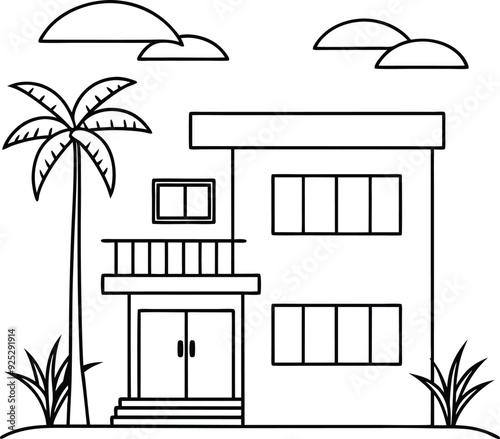 house and tree line art illustration blacka and white photo