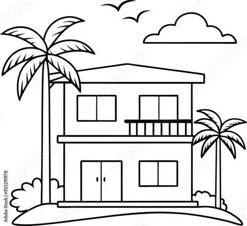 house and tree line art illustration blacka and white photo