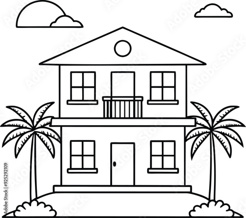 house and tree line art illustration blacka and white photo