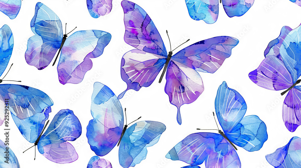 Vibrant watercolor butterflies in blue and purple hues on a white background. Concept of nature, insects, watercolor art, colorful patterns Vibrant watercolor butterflies in blue and purple hues on a white background. Concept of nature, insects, watercolor art, colorful patterns