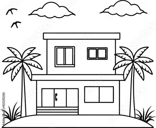 house and tree line art illustration blacka and white photo