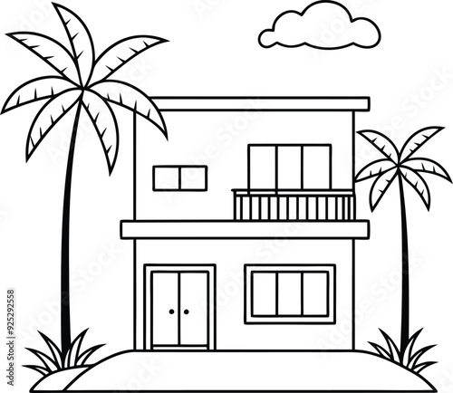 house and tree line art illustration blacka and white photo