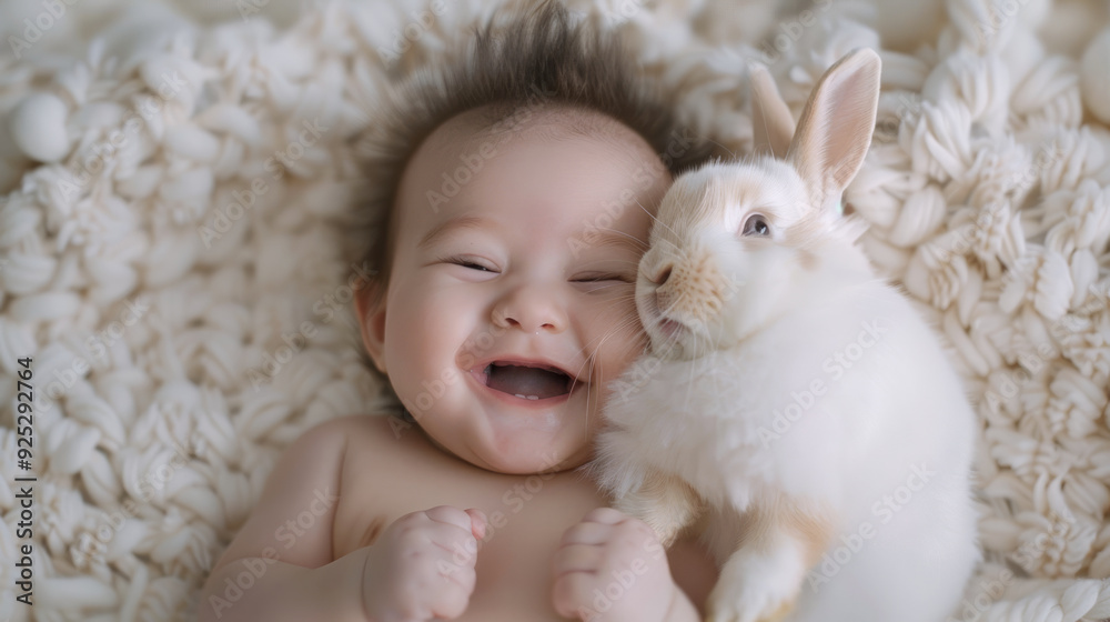 A baby joyfully laughs while snuggling with a fluffy grey bunny on a soft blanket. Concept of happiness, babyhood, pet love, and tender moments A baby joyfully laughs while snuggling with a fluffy grey bunny on a soft blanket. Concept of happiness, babyhood, pet love, and tender moments