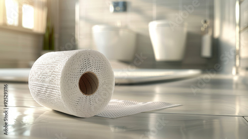 Roll of Toilet Paper in a Modern Sunlit Bathroom by the Balcony. Concept of Hygiene, Home Comfort, Morning Light, Cleanliness