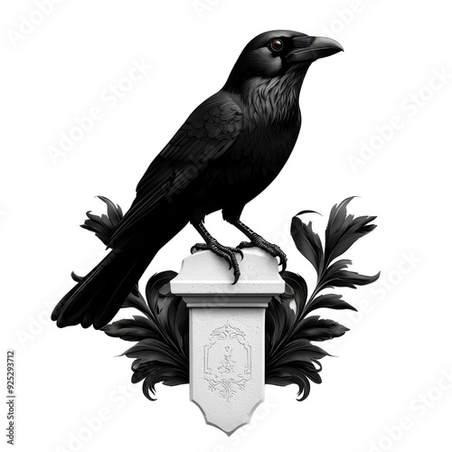 A raven perched on a tombstone, ominous atmosphere, gothic Halloween scene, detailed illustration, isolated on white background. 