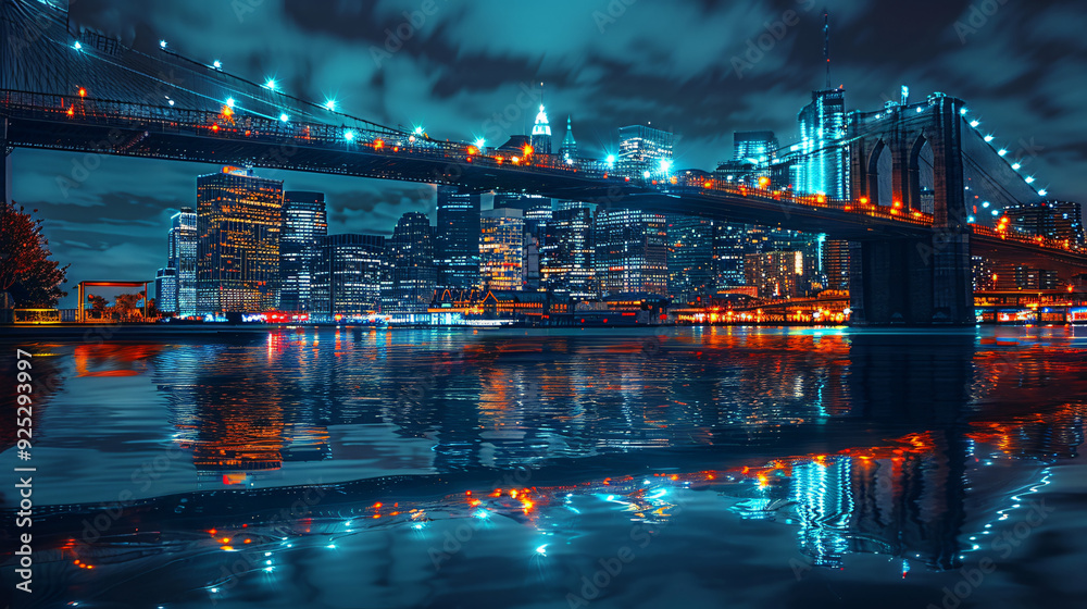 Brooklyn Bridge at night with colorful lights. There are tall buildings in the background and a body of water in the foreground. Brooklyn Bridge at night with colorful lights. There are tall buildings in the background and a body of water in the foreground.